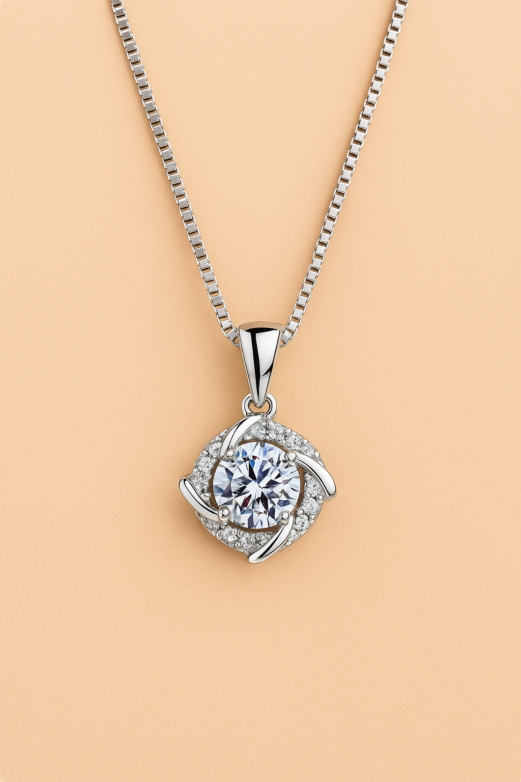 Aurora Twirl Necklace – Rhodium-Plated 925 Sterling Silver | Round Zircon Pendant, Elegant Sparkle