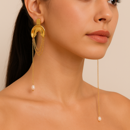 Cascade Luxe Pearl Drop Earrings – 18K Gold-Plated Stainless Steel | Modern Chain Drape with Imitation Pearl