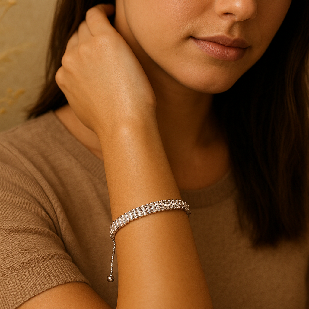 Celeste Baguette Charm Bracelet – Rhodium-Plated Zircon Bracelet | Elegant, Adjustable Fit