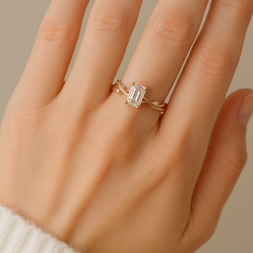 Elowen Vine Ring – Rose Gold-Plated Emerald-Cut Zircon Ring | Nature-Inspired, Elegant Statement