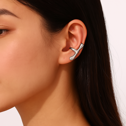 Liquid Flow Ear Cuffs – Rhodium-Plated Stainless Steel 316L | Sculptural Fluid Design