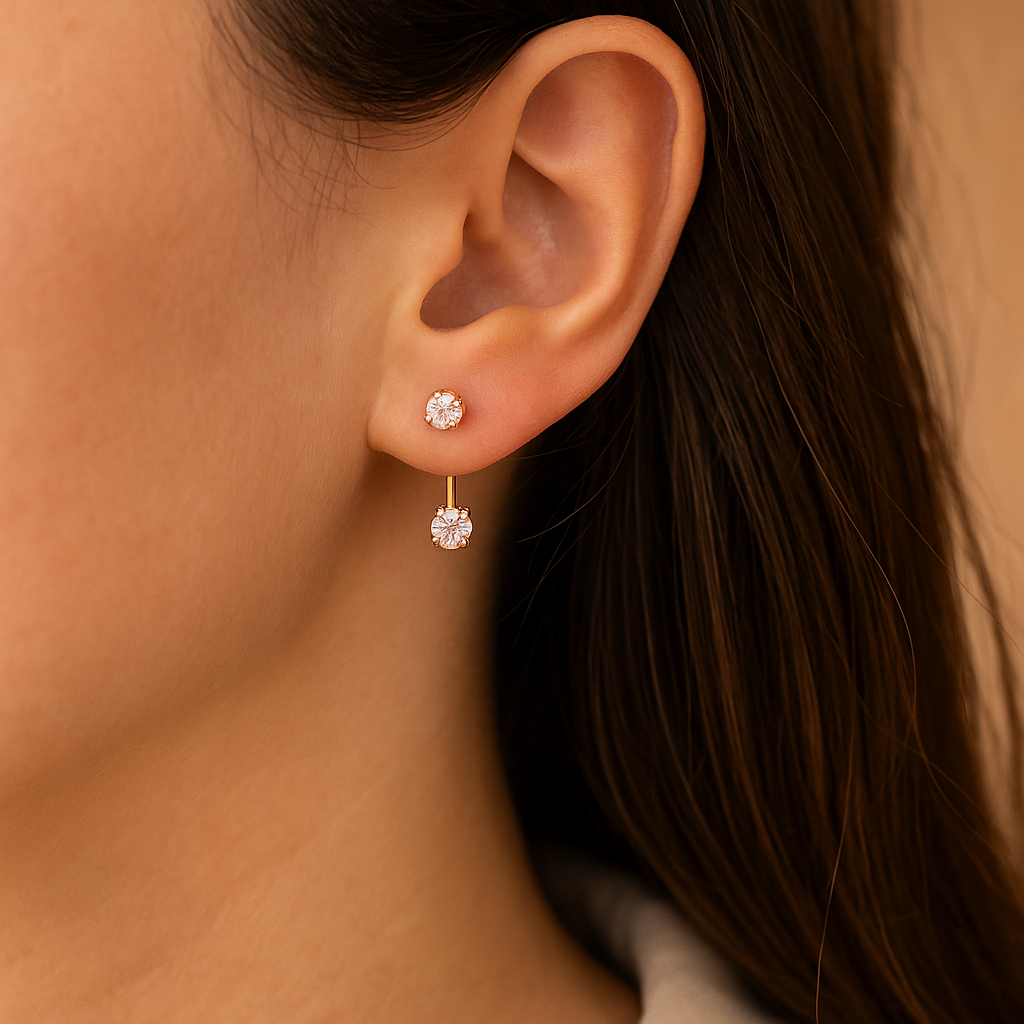 Luna Arc Earrings – Rose Gold-Plated 925 Sterling Silver | Dual Zircon Stud Drops, Elegant Everyday Sparkle