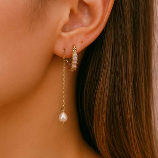 Lustrous Baguette Hoops – 18K Gold-Plated Stainless Steel | Classic Hoop Earrings with Baguette Zircon Detailing