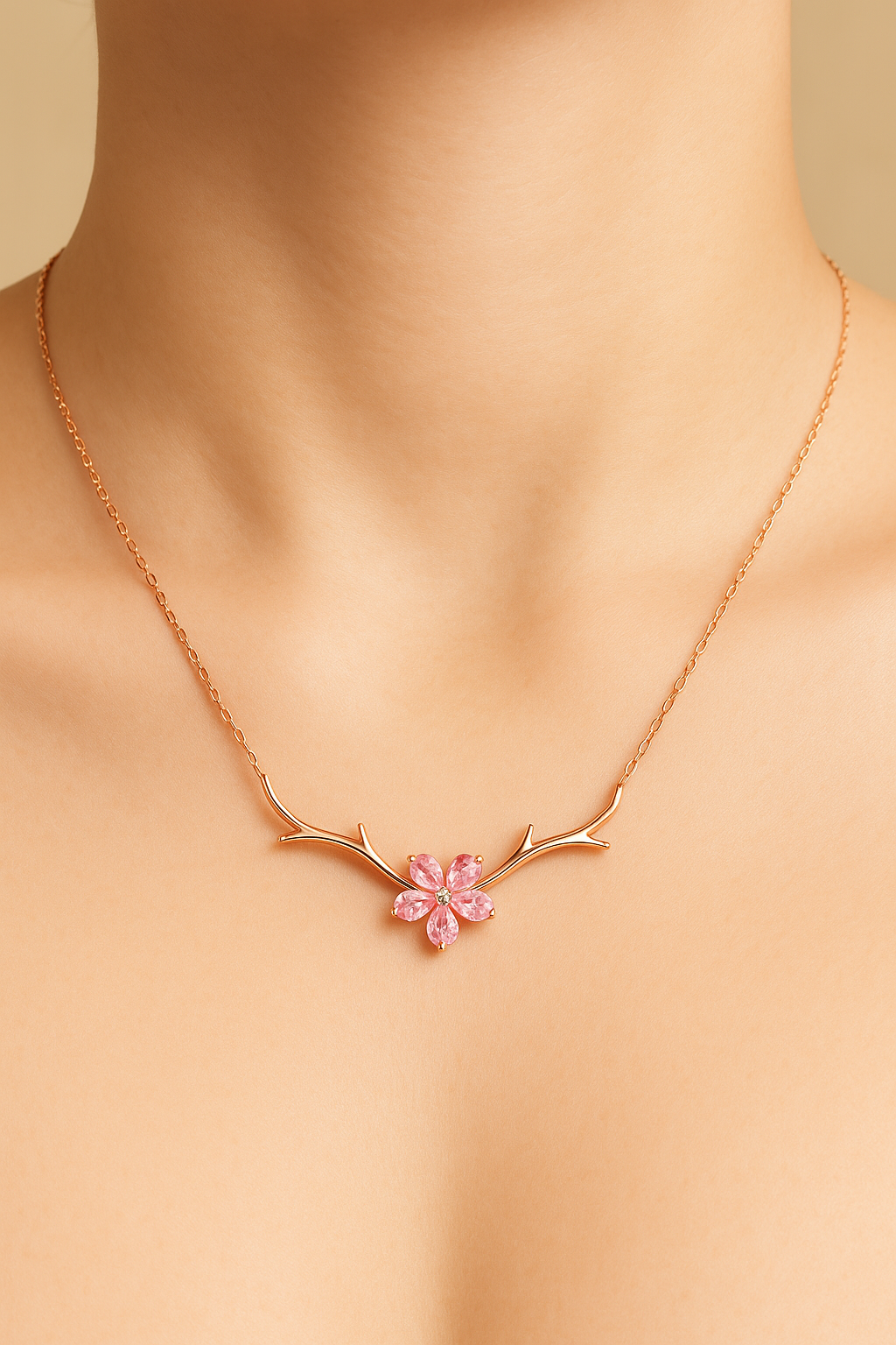 Sakura Antler Necklace – Rose Gold-Plated 925 Sterling Silver | Pink Zircon Flower Pendant, Nature-Inspired Charm
