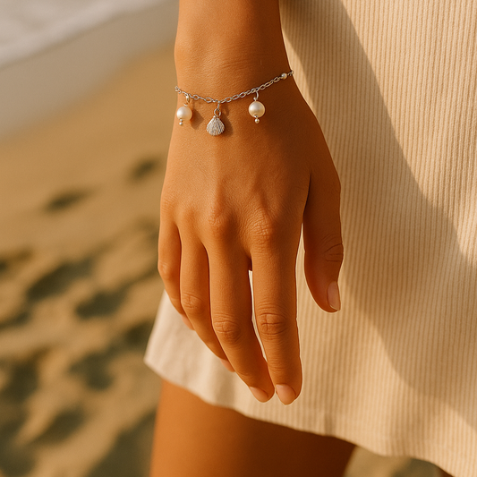 Serena Shell Charm Bracelet – Sterling Silver with Pearl & Shell Charms | Beach-Inspired, Delicate Style