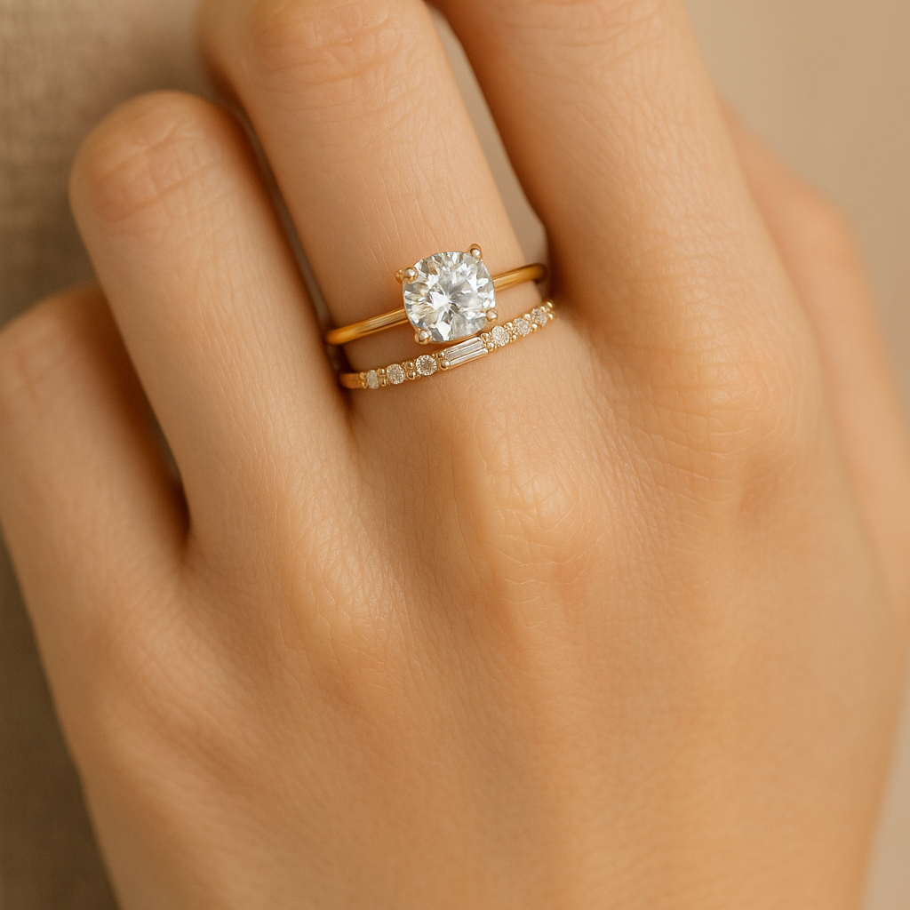 Aurora Emerald Stacker – Gold-Plated 925 Sterling Silver | Geometric Zircon Eternity Ring, Modern & Refined