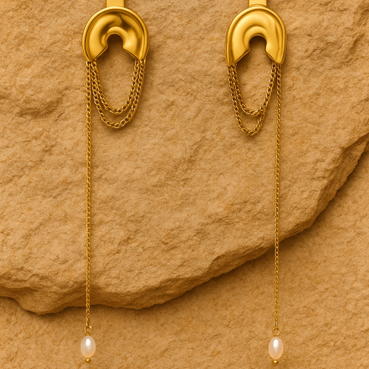 Cascade Luxe Pearl Drop Earrings – 18K Gold-Plated Stainless Steel | Modern Chain Drape with Imitation Pearl