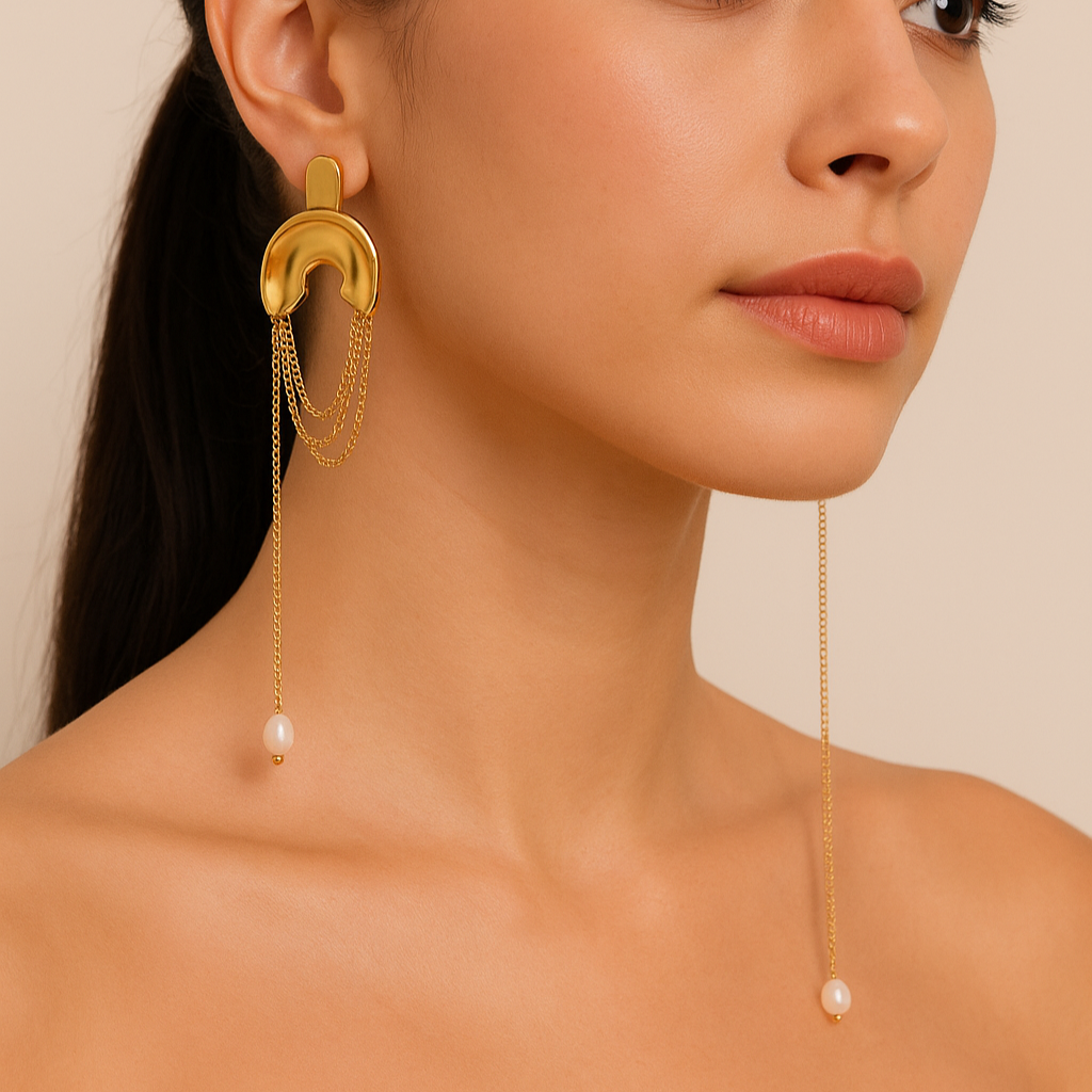 Cascade Luxe Pearl Drop Earrings – 18K Gold-Plated Stainless Steel | Modern Chain Drape with Imitation Pearl