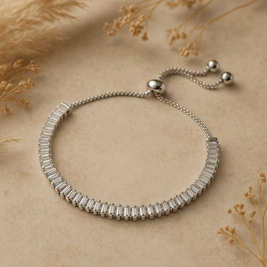 Celeste Baguette Charm Bracelet – Rhodium-Plated Zircon Bracelet | Elegant, Adjustable Fit
