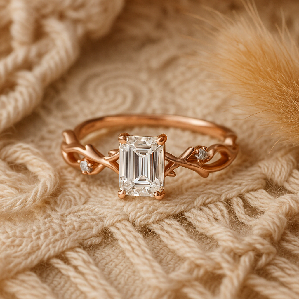 Elowen Vine Ring – Rose Gold-Plated Emerald-Cut Zircon Ring | Nature-Inspired, Elegant Statement