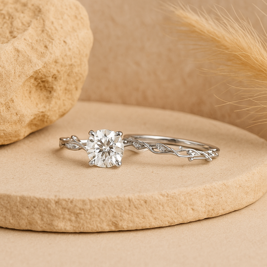 Elysian Bloom Ring Set – Rhodium-Plated 925 Sterling Silver | Round-Cut Zircon with Nature-Inspired Band