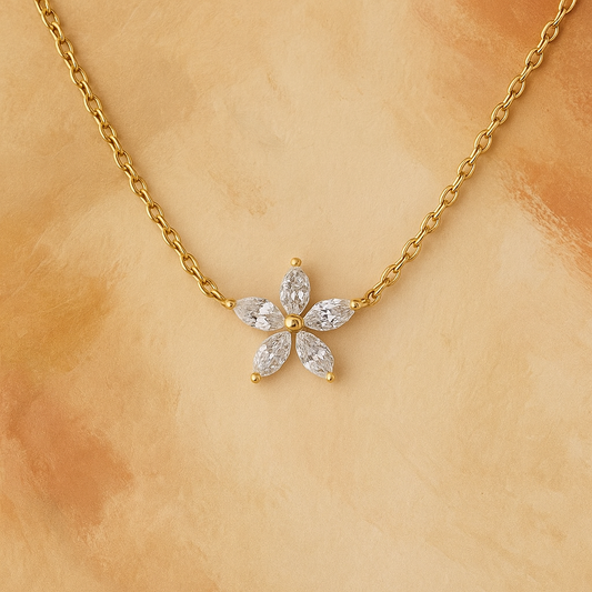 Flora Bloom Necklace – Gold-Plated 925 Sterling Silver | Marquise-Cut Zircon Flower Pendant, Elegant Everyday Jewellery
