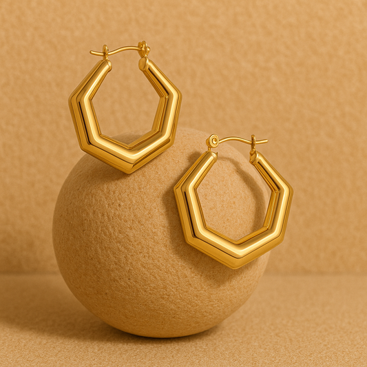 GeoLuxe Hexa Hoops – 18K Gold-Plated Stainless Steel | Bold Vintage Huggie Earrings
