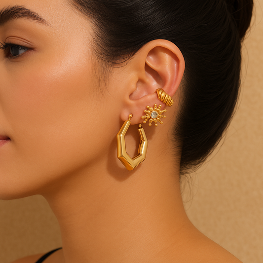 GeoLuxe Hexa Hoops – 18K Gold-Plated Stainless Steel | Bold Vintage Huggie Earrings
