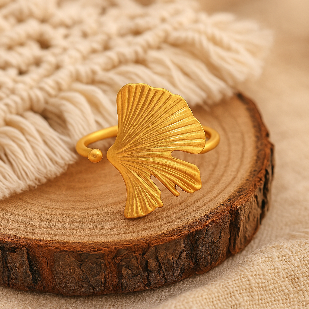 Ginkgo Grace Adjustable Ring – 925 Sterling Silver | Gold Finish