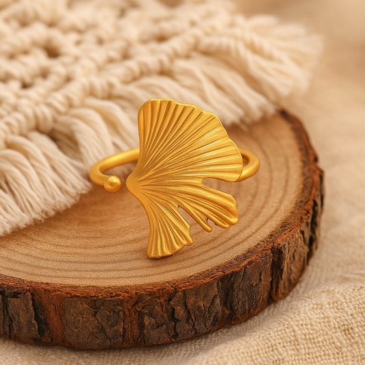 Ginkgo Grace Adjustable Ring – 925 Sterling Silver | Gold Finish