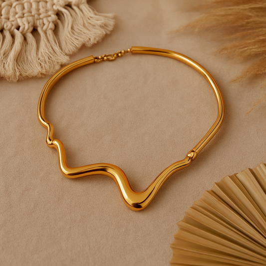 Golden Flow Choker – Stainless Steel | Vintage Geometric Wave Statement Necklace