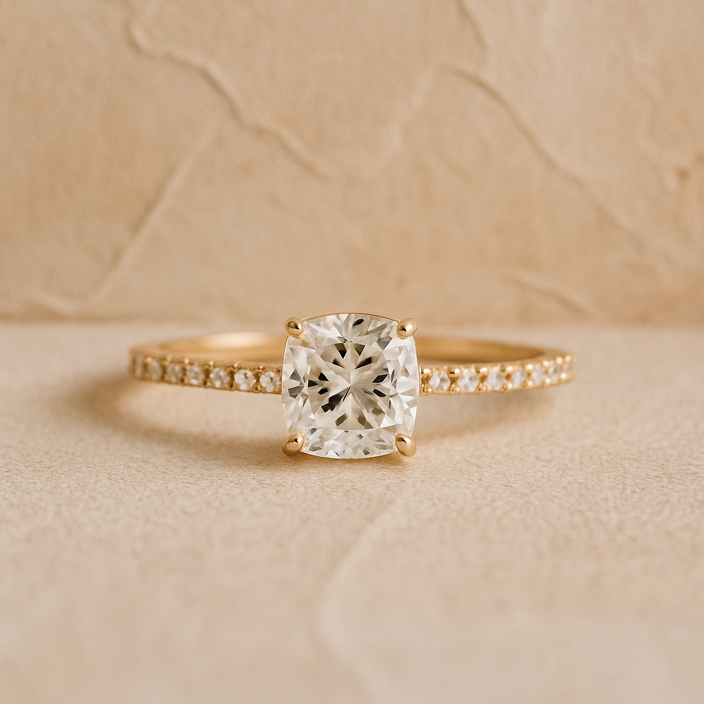 Lumière Ring – Gold-Plated 925 Sterling Silver | Cushion-Cut Zircon, Dainty Pave Engagement Band, Elegant & Timeless