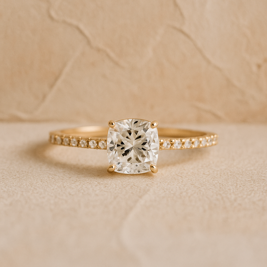 Lumière Ring – Gold-Plated 925 Sterling Silver | Cushion-Cut Zircon, Dainty Pave Engagement Band, Elegant & Timeless