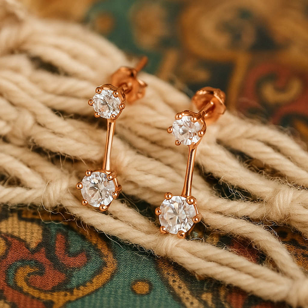 Luna Arc Earrings – Rose Gold-Plated 925 Sterling Silver | Dual Zircon Stud Drops, Elegant Everyday Sparkle