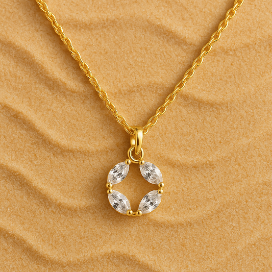 Lunaria Wreath Necklace – Gold-Plated 925 Sterling Silver | Marquise-Cut Zircon Circle Pendant, Delicate Everyday Elegance