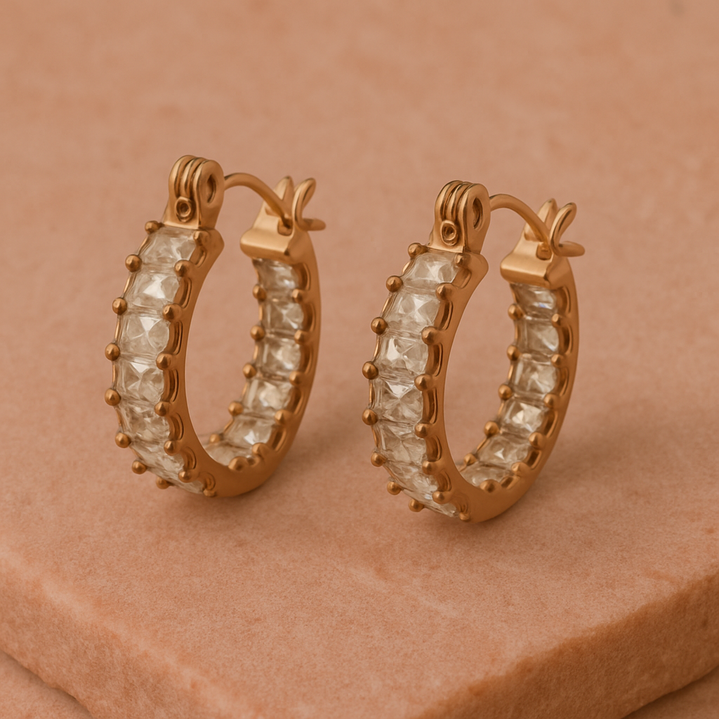 Lustrous Baguette Hoops – 18K Gold-Plated Stainless Steel | Classic Hoop Earrings with Baguette Zircon Detailing