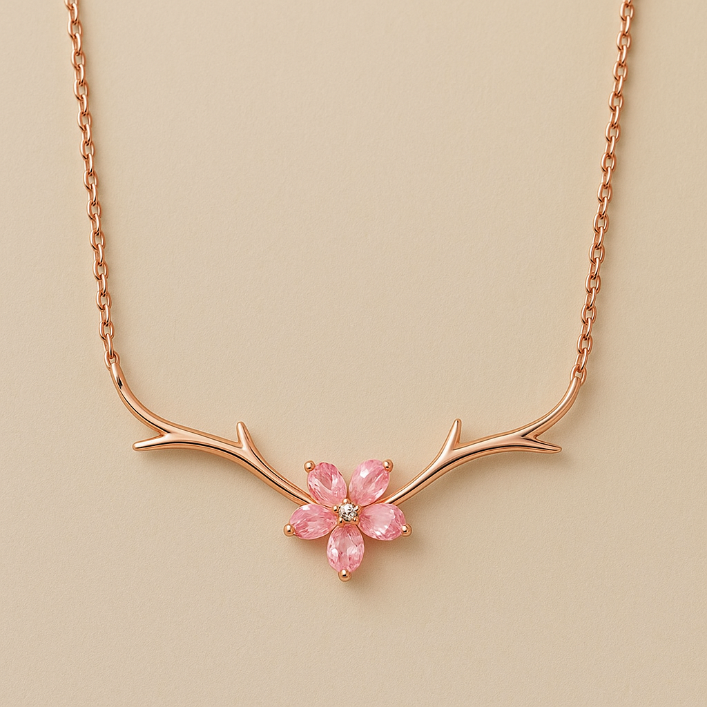 Sakura Antler Necklace – Rose Gold-Plated 925 Sterling Silver | Pink Zircon Flower Pendant, Nature-Inspired Charm