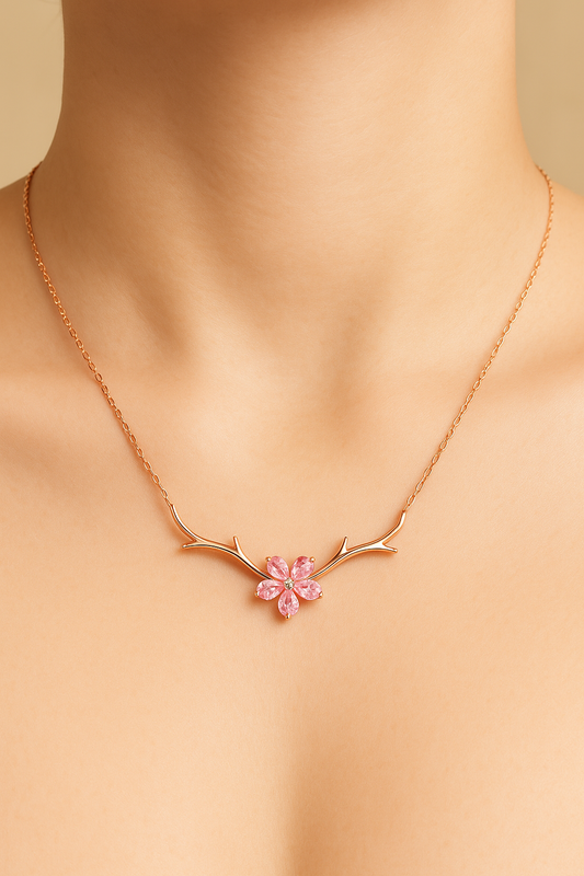 Sakura Antler Necklace – Rose Gold-Plated 925 Sterling Silver | Pink Zircon Flower Pendant, Nature-Inspired Charm