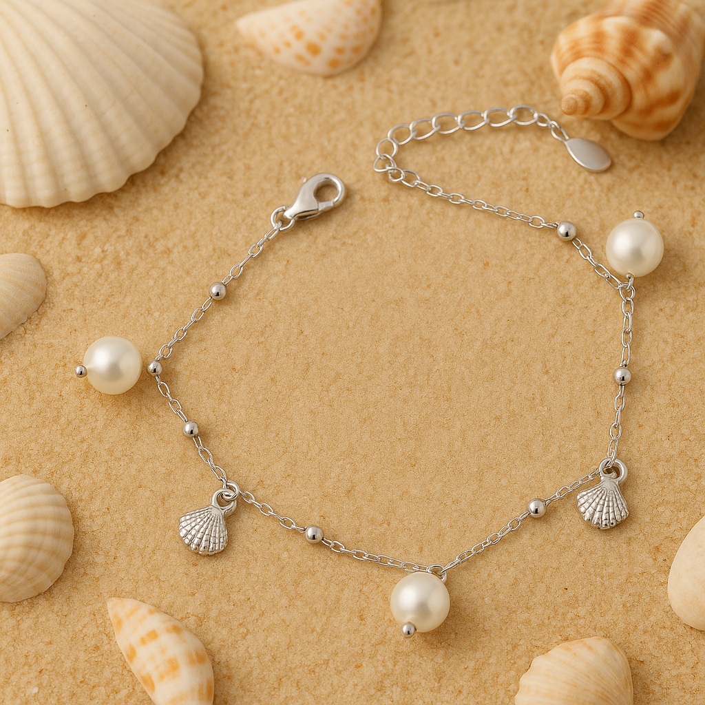 Serena Shell Charm Bracelet – Sterling Silver with Pearl & Shell Charms | Beach-Inspired, Delicate Style