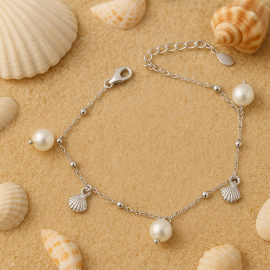 Serena Shell Charm Bracelet – Sterling Silver with Pearl & Shell Charms | Beach-Inspired, Delicate Style