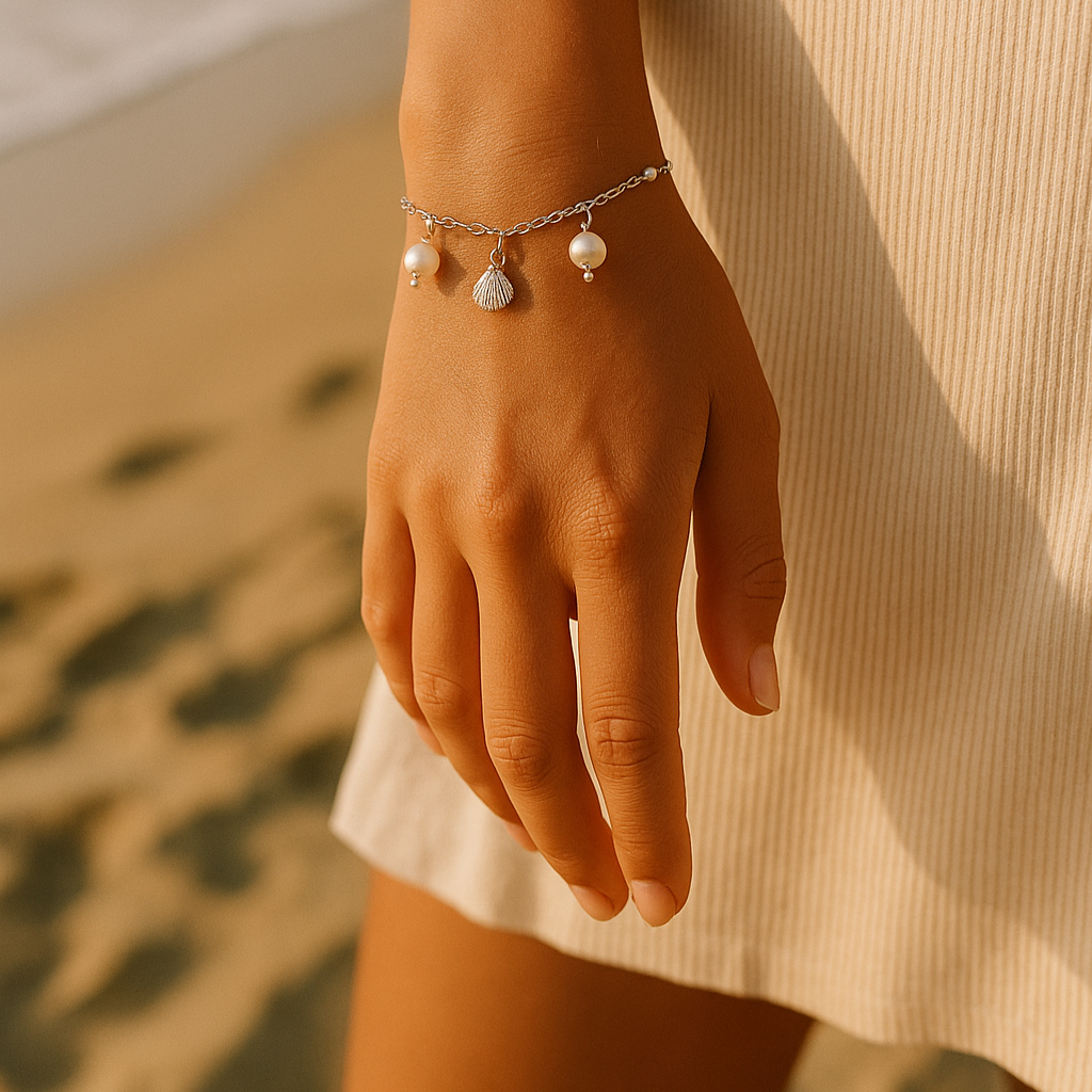 Serena Shell Charm Bracelet – Sterling Silver with Pearl & Shell Charms | Beach-Inspired, Delicate Style