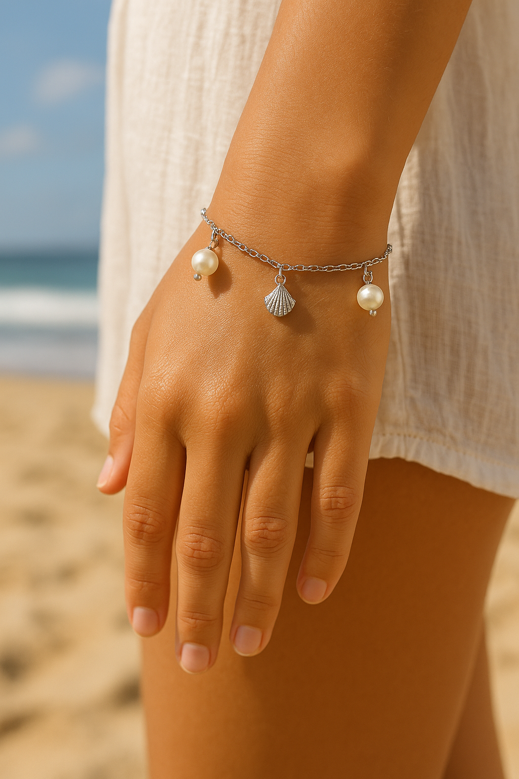 Serena Shell Charm Bracelet – Sterling Silver with Pearl & Shell Charms | Beach-Inspired, Delicate Style