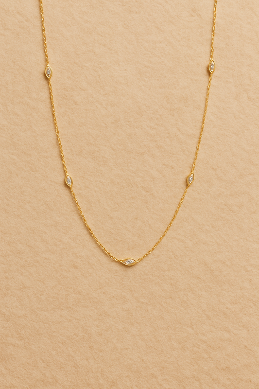 Soleia Whisper Necklace – Gold-Plated 925 Sterling Silver | Marquise-Cut Zircon Station Chain, Delicate Everyday Luxe