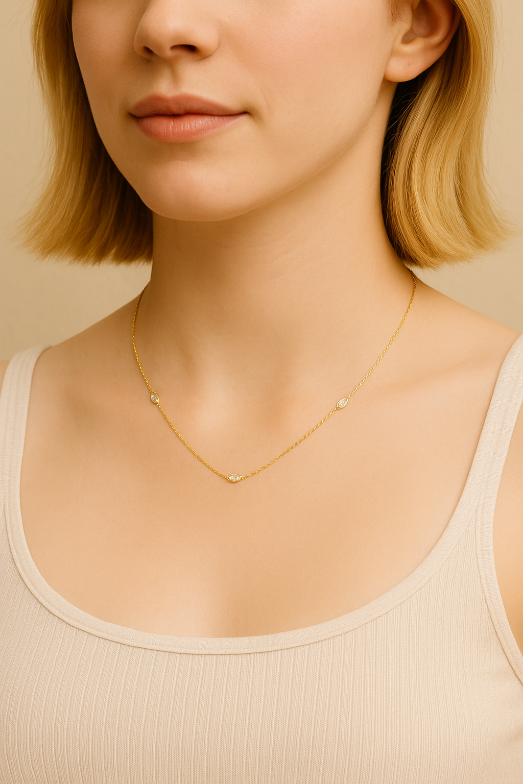 Soleia Whisper Necklace – Gold-Plated 925 Sterling Silver | Marquise-Cut Zircon Station Chain, Delicate Everyday Luxe