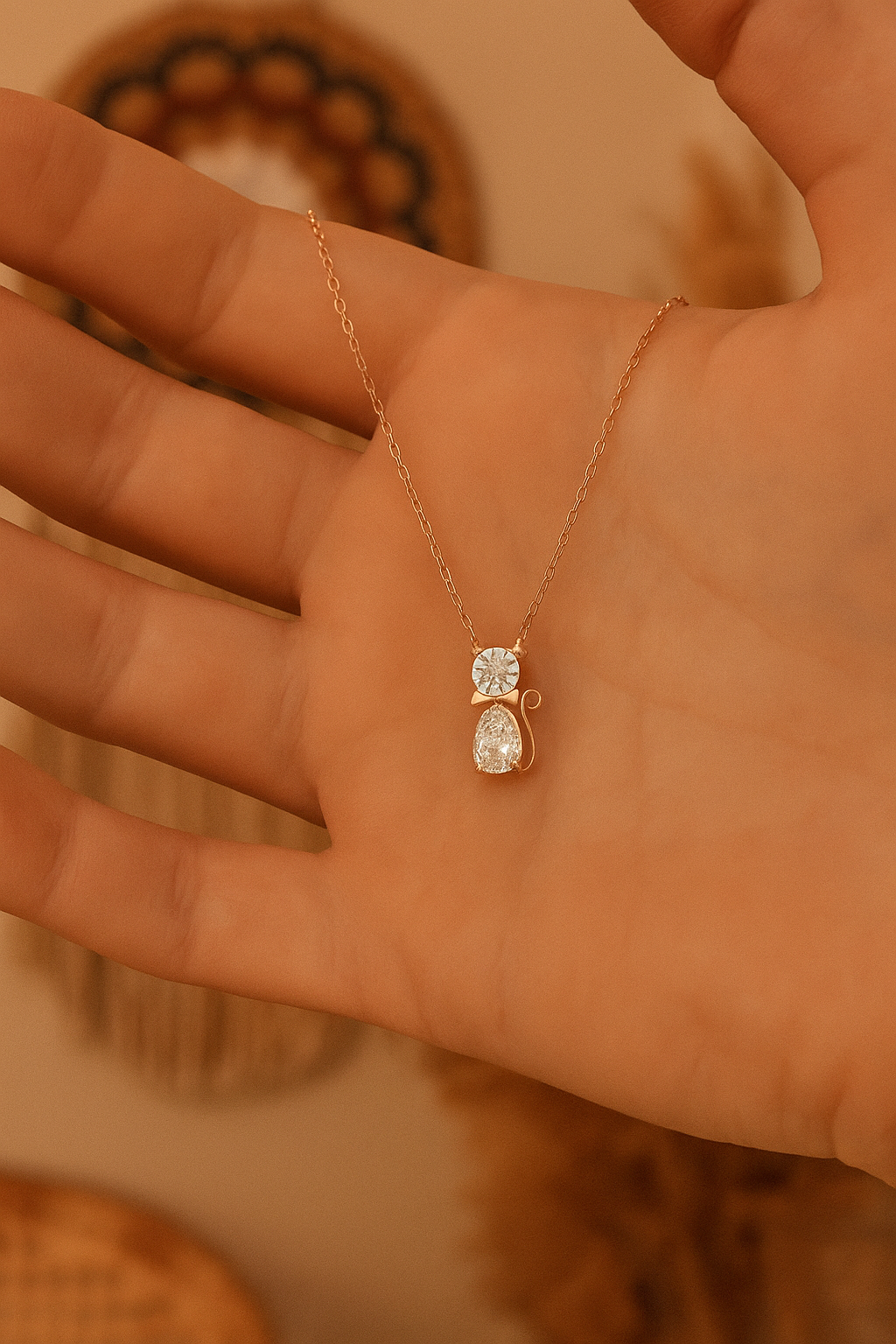 Whisker Charm Necklace – Rose Gold-Plated 925 Sterling Silver | Cat-Shaped Pendant with Cubic Zirconia, Playful Everyday Sparkle